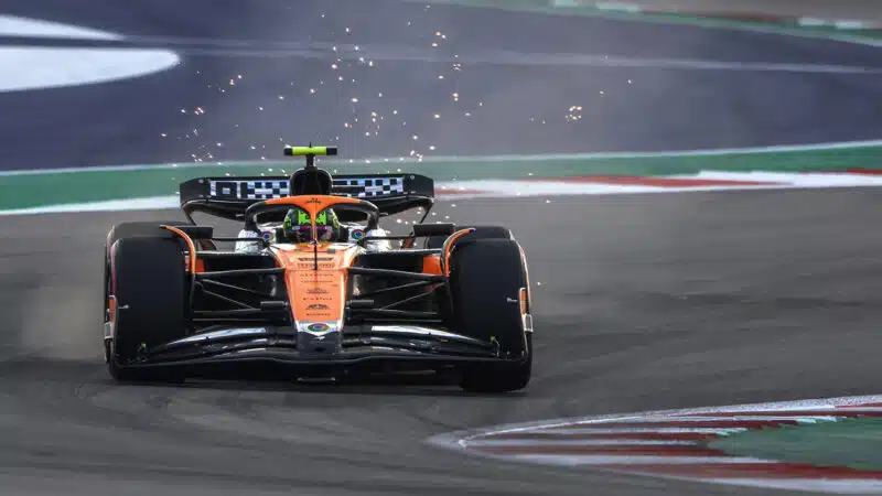 Sparks from McLaren of Lando Norris in qualifying for 2024 F1 United States GP