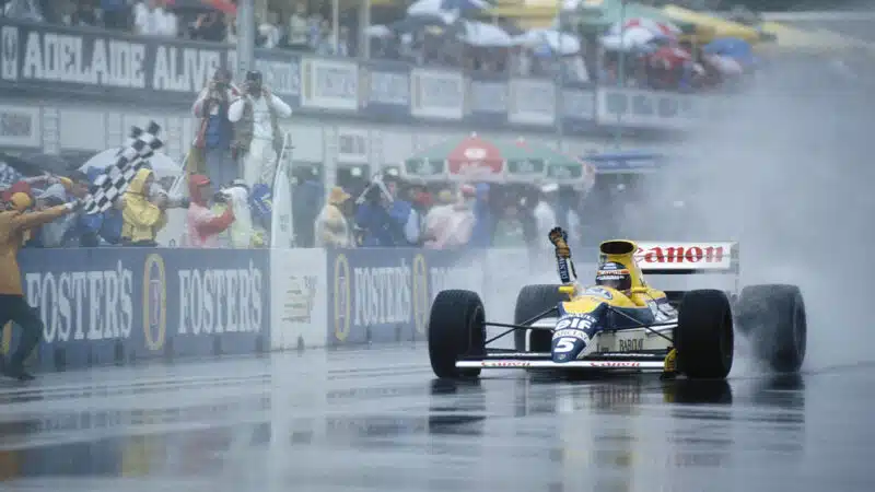 Thierry Boutsen crosses the line to win the 1989 Australian Grand Prix