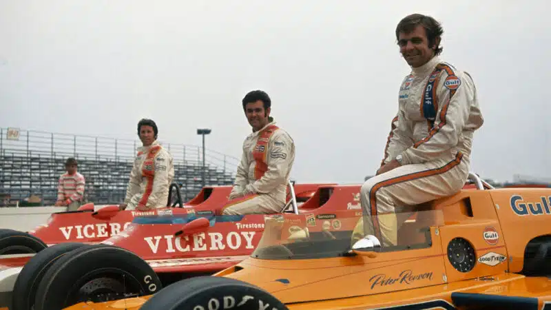 1973 Pocono 500 Peter Revson (r) won the pole position for the Pocono 500 by setting a track record for one lap of 191.354. Al Unser (c) and Mario Andretti (l) make up the starting line