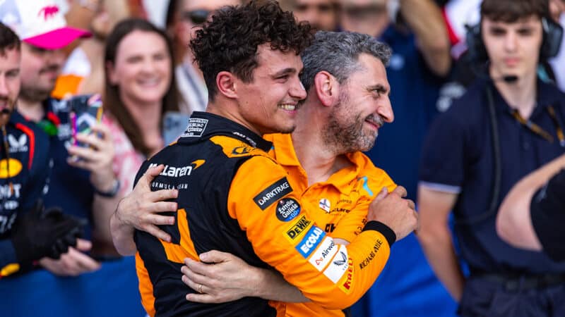 Andrea Stella embraces Lando Norris after McLaren win at 2024 F1 Miami Grand Prix