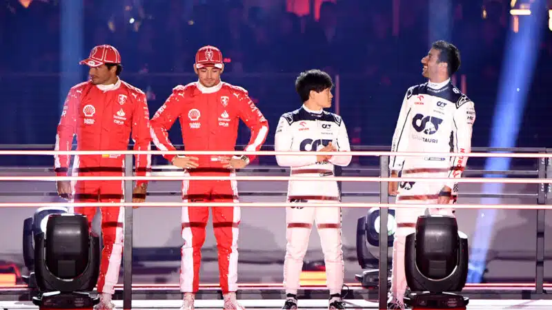 Carlos Sainz and Charles Leclerc with Yuki Tsunoda and Daniel ricciardo at 2023 F1 Las Vegas GP launch party