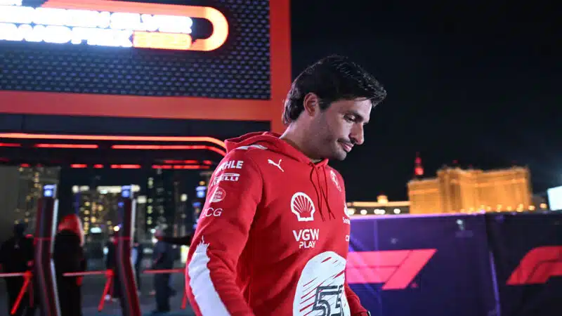 Carlos Sainz walks into paddock at 2023 F1 Las Vegas Grand Prix