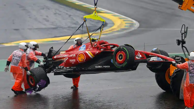 Crashed Ferrari of Carlos Sainz in qualifying for the 2024 f1 Brazilian GP