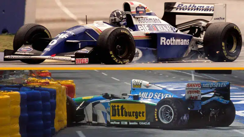 Damaged F1 cars of Damon Hill and Michael Schumacher after collision in 1994 Australian GP