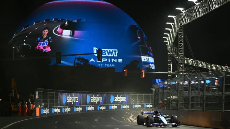 Esteban Ocon drives past the Sphere at 2023 F1 Las Vegas Grand Prix