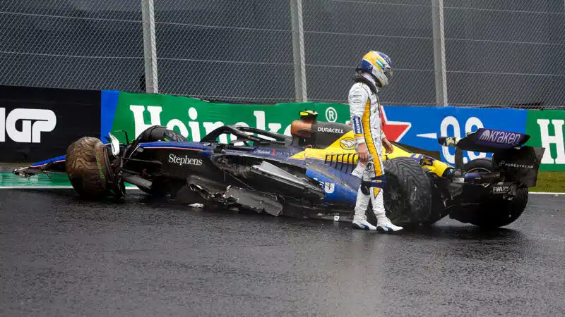 Franco Colapinto looks at damaged Williams at 2024 F1 Sao Paulo Grand Prix