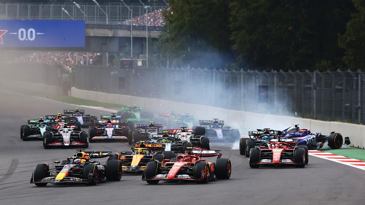 Carlos Sainz and Max Verstappen lead from the start of the Mexico City GP, with Lando Norris – still in the title fight, just – tucked in behind