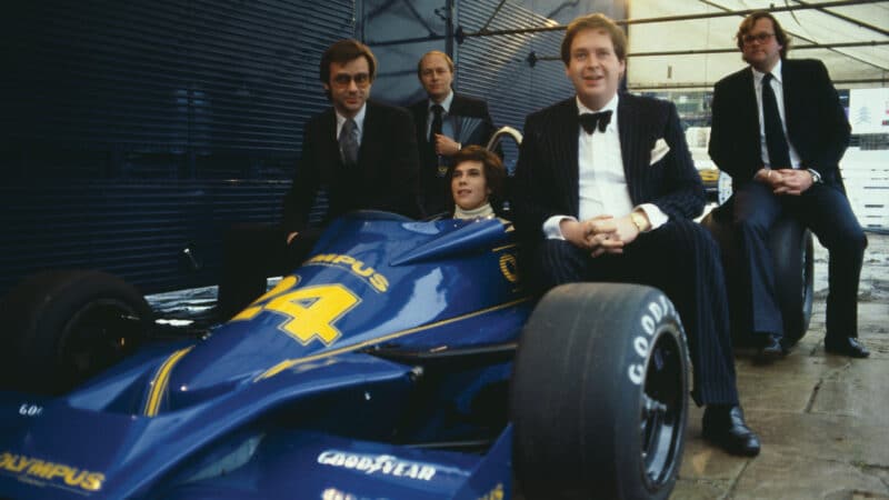 Hesketh’s F1 launch in 1978 was at Silverstone, by which time Galica was the sole team driver; Lord Hesketh is on the tyre.