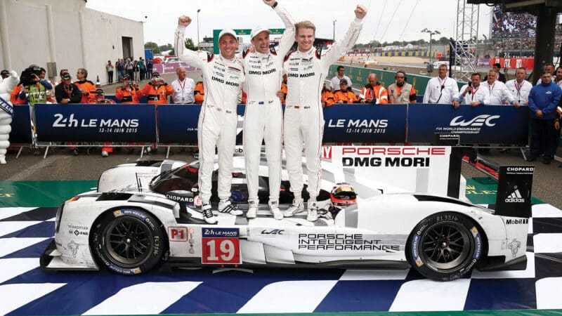 From left: Nick Tandy, New Zealander Earl Bamber  and Nico Hülkenberg, Le Mans winners, 2015