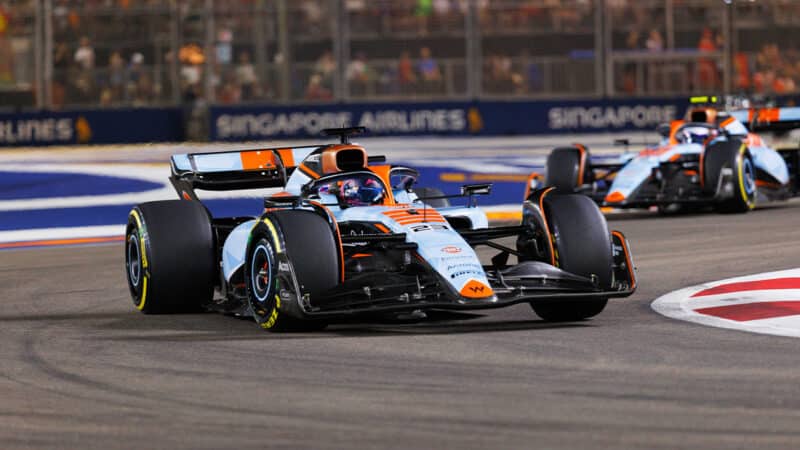 Gulf liveried Williams F1 cars in 2023 Singapore Grand Prix