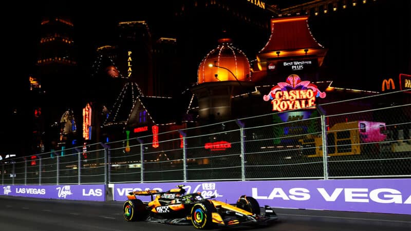 Lando Norris in McLaren on track at 2024 F1 Las Vegas Grand Prix