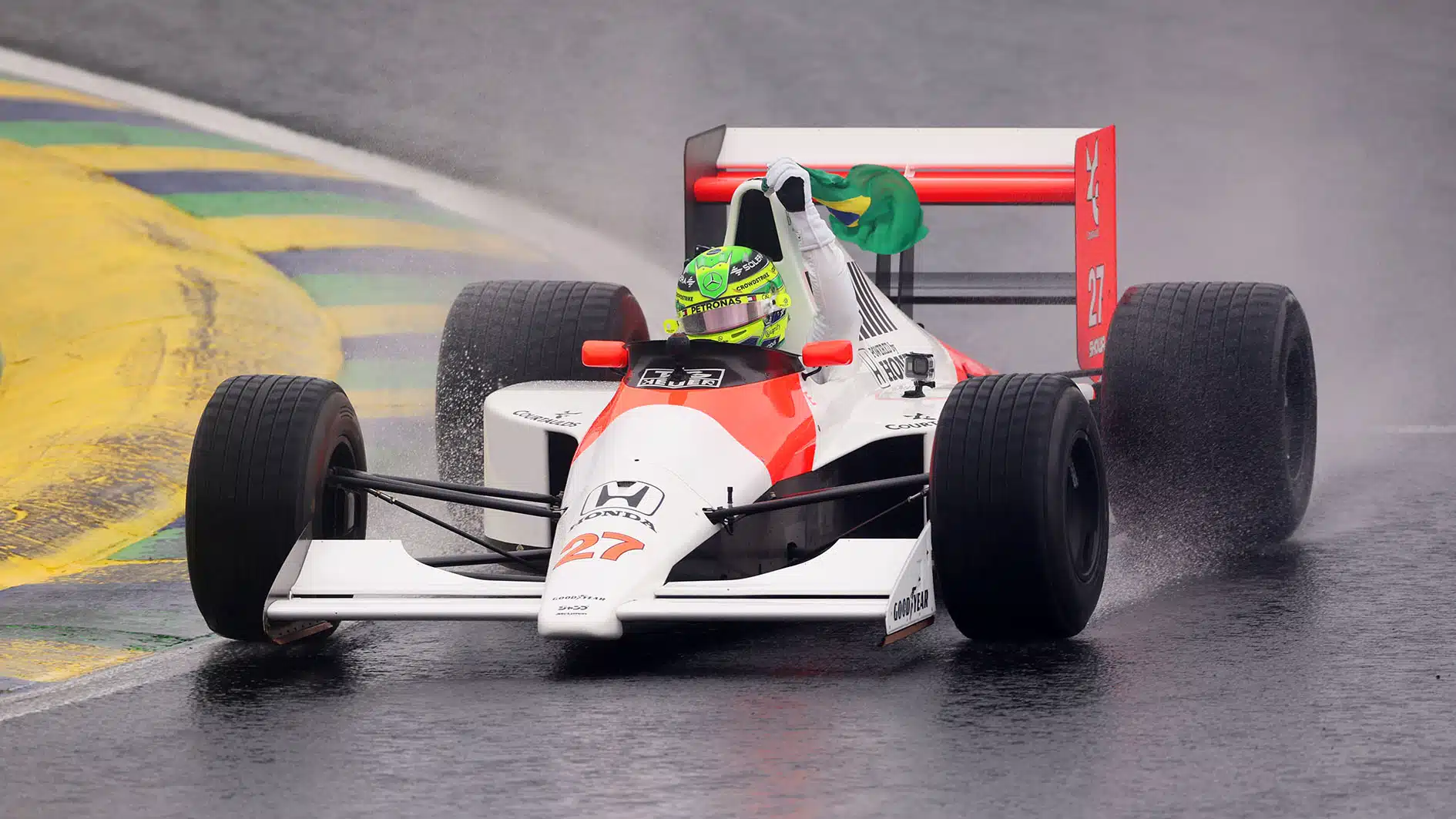 Lewis Hamilton in Ayrton Senna McLaren MP4:5B at the 2024 Sao Paulo GP Interlagos