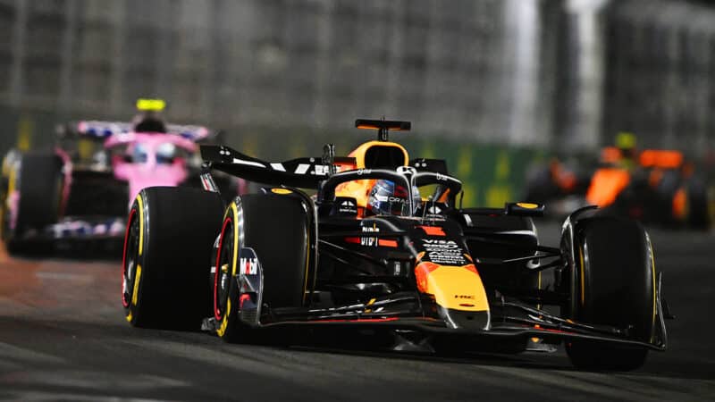 Max Verstappen Red Bull F1 car with scallops cut into rear wing at 2024 Las Vegas Grand Prix