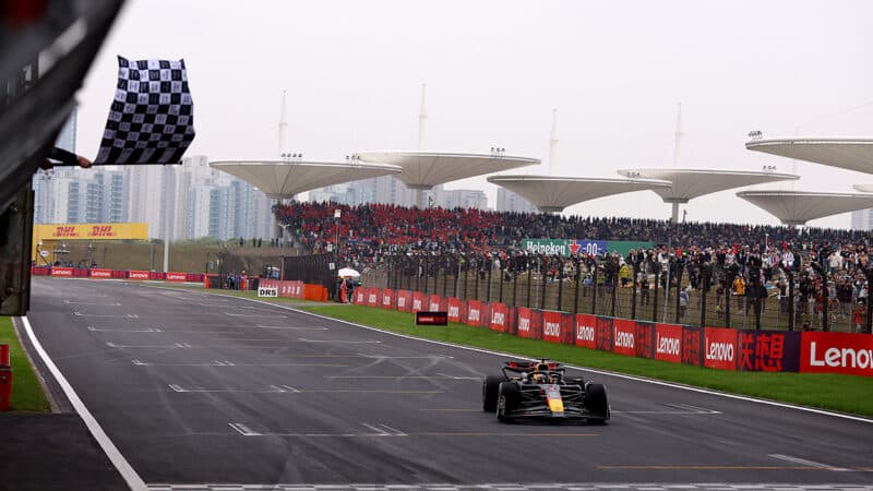 Max Verstappen crosses the line to win the 2024 F1 Chinese Grand Prix