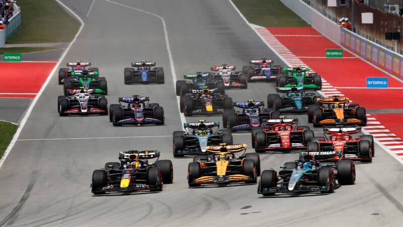 Max Verstappen gets ahead at the start of the 2024 F1 Spanish Grand Prix