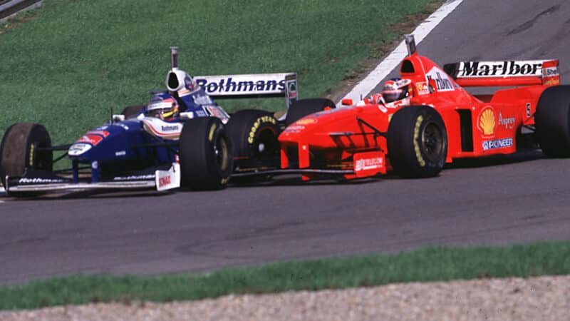 Michael Schumacher drives into the side of Jacques Villeneuve Williams at 1997 F1 European Grand Prix in Jerez