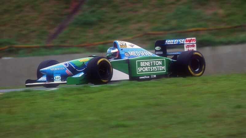 Michael Schumacher in Benetton F1 car at the 1994 Brazilian Grand Prix