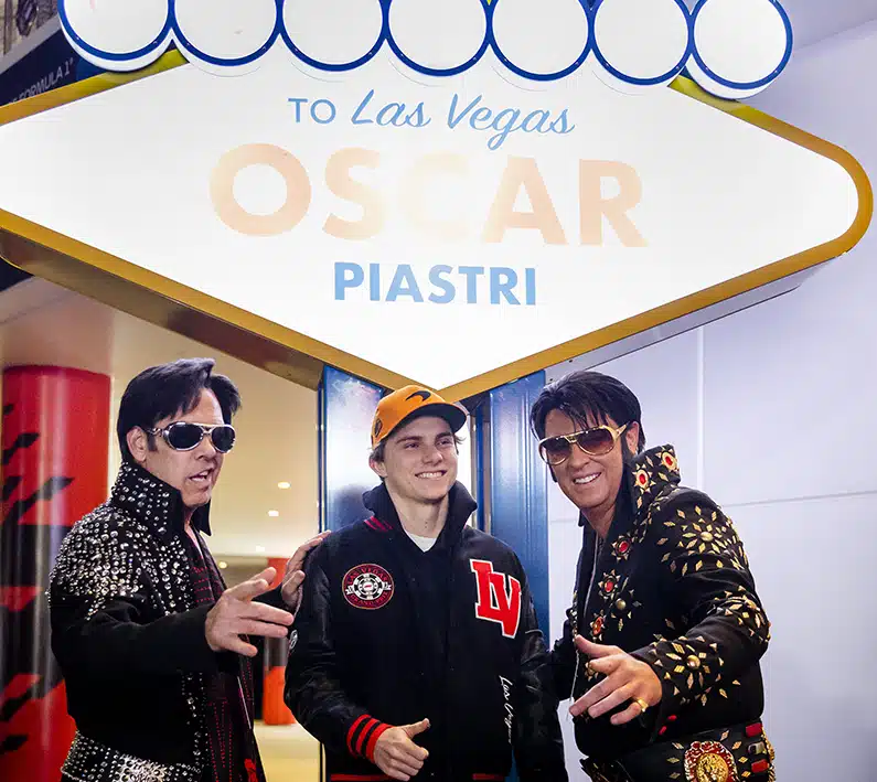 Oscar Piastri with Elvis impersonators at 2023 F1 Las Vegas Grand Prix