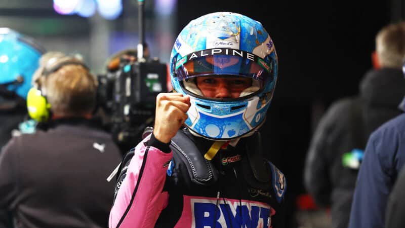 Pierre Gasly holds his fist up after qualifying third for the 2024 F1 Las Vegas Grand Prix