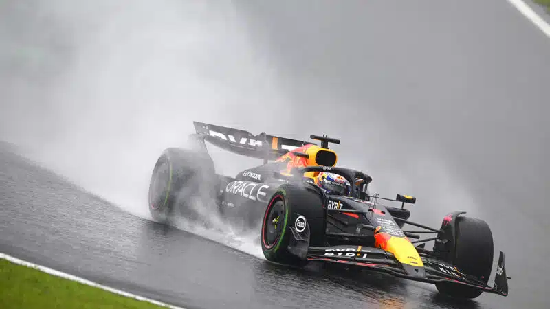 Red Bull of Max Verstappen in the rain at 2024 F1 Brazilian GP