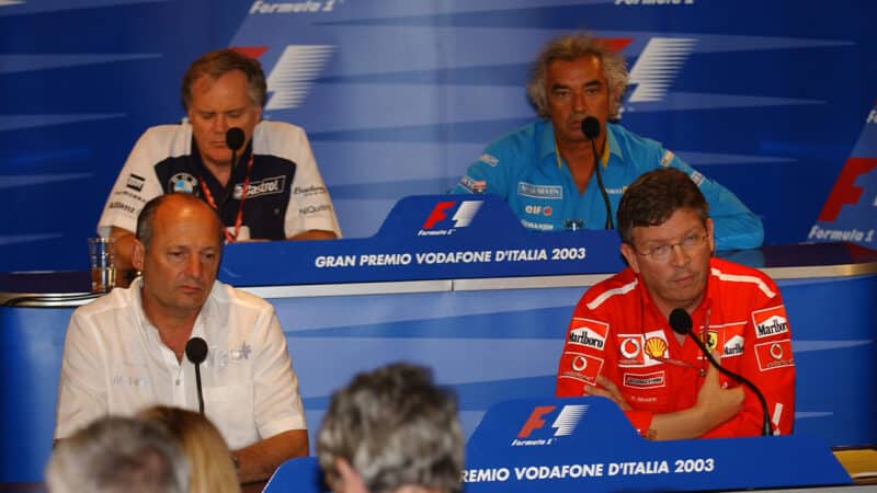 Ross Brawn with Ron Dennis and Patrick Head and Flavio Briatore at 2003 F1 Italian GP press conference