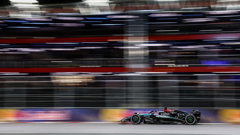 Side view of George Russell Mercedes F1 car at 2024 Las Vegas Grand Prix