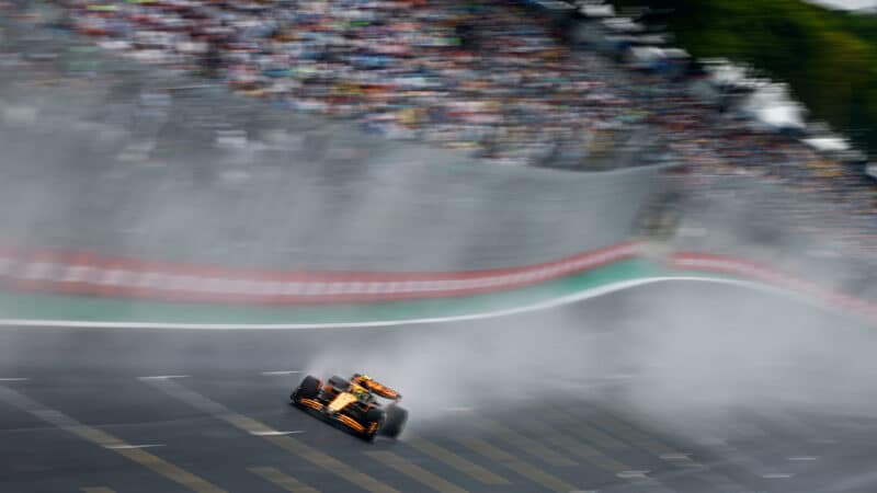 Trail of spray from McLaren of Lando Norris in the 2024 F1 Brazilian GP