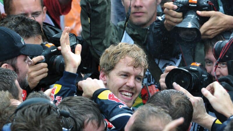 Vettel win at Interlagos 2012, smiling in red bull