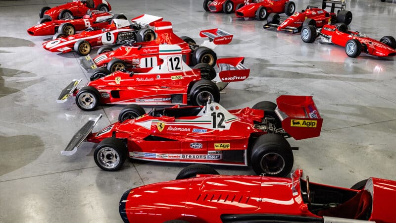 A line of Ferrari F1 cars in the Ecclestone Collection