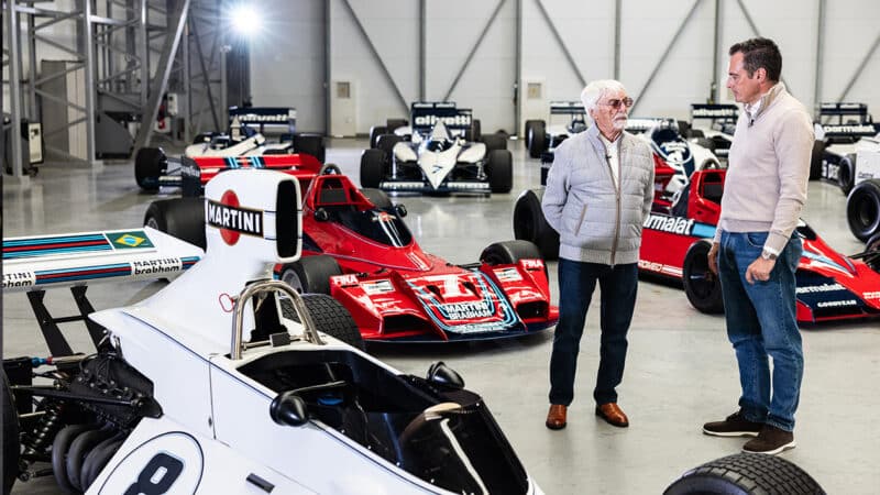 Bernie Ecclestone with Tom Hartley Jnr and Brbham F1 cars