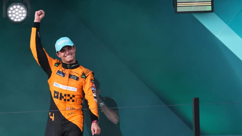 Lando Norris celebrates victory in 2024 Miami GP