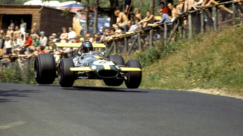 Brabham of Jacky Ickx in midair at the Nürburgring during 1969 F1 German Grand Prix