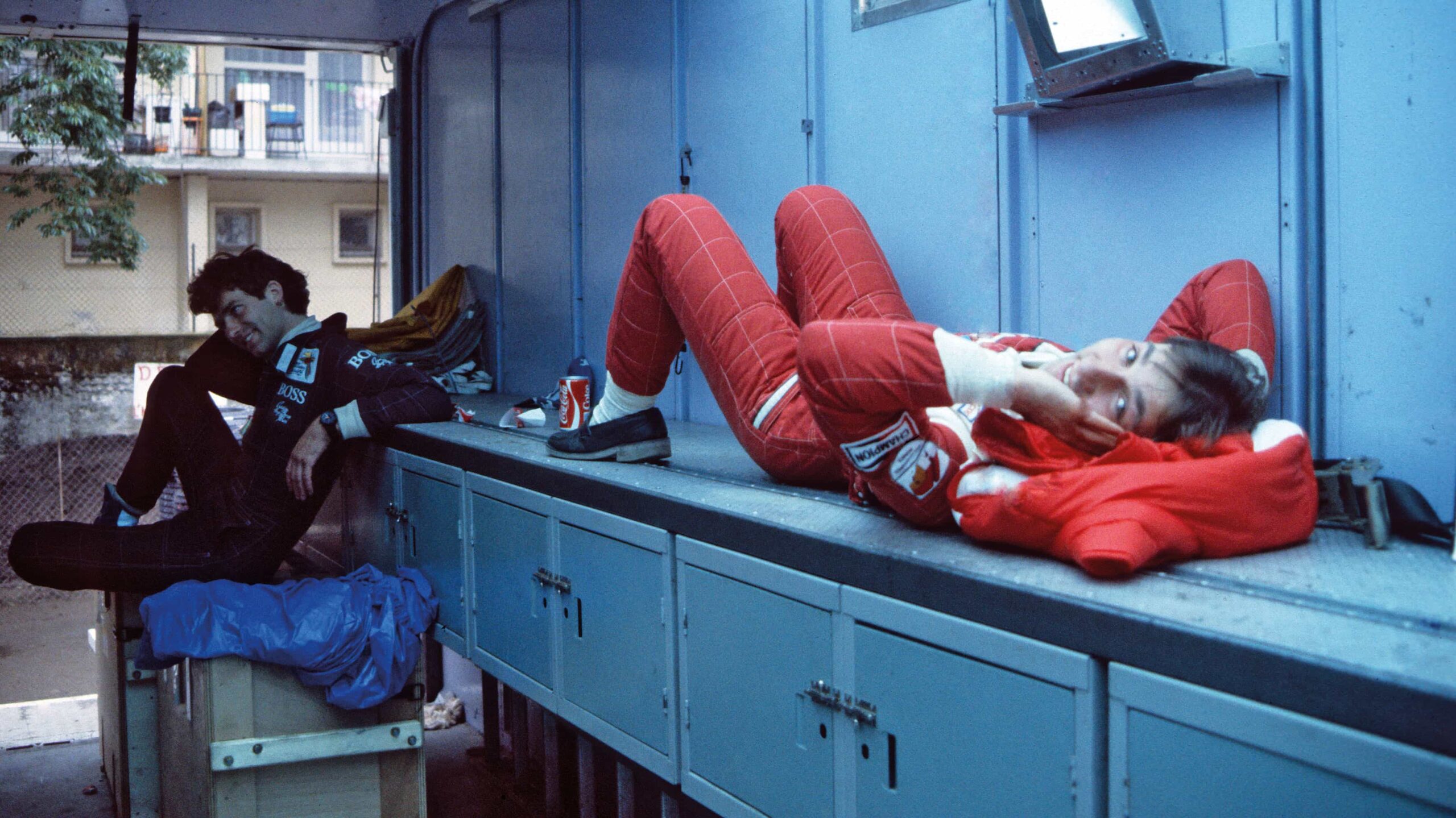 Corrado Fabi and Christian Danner resting at Pau, May 31, 1982