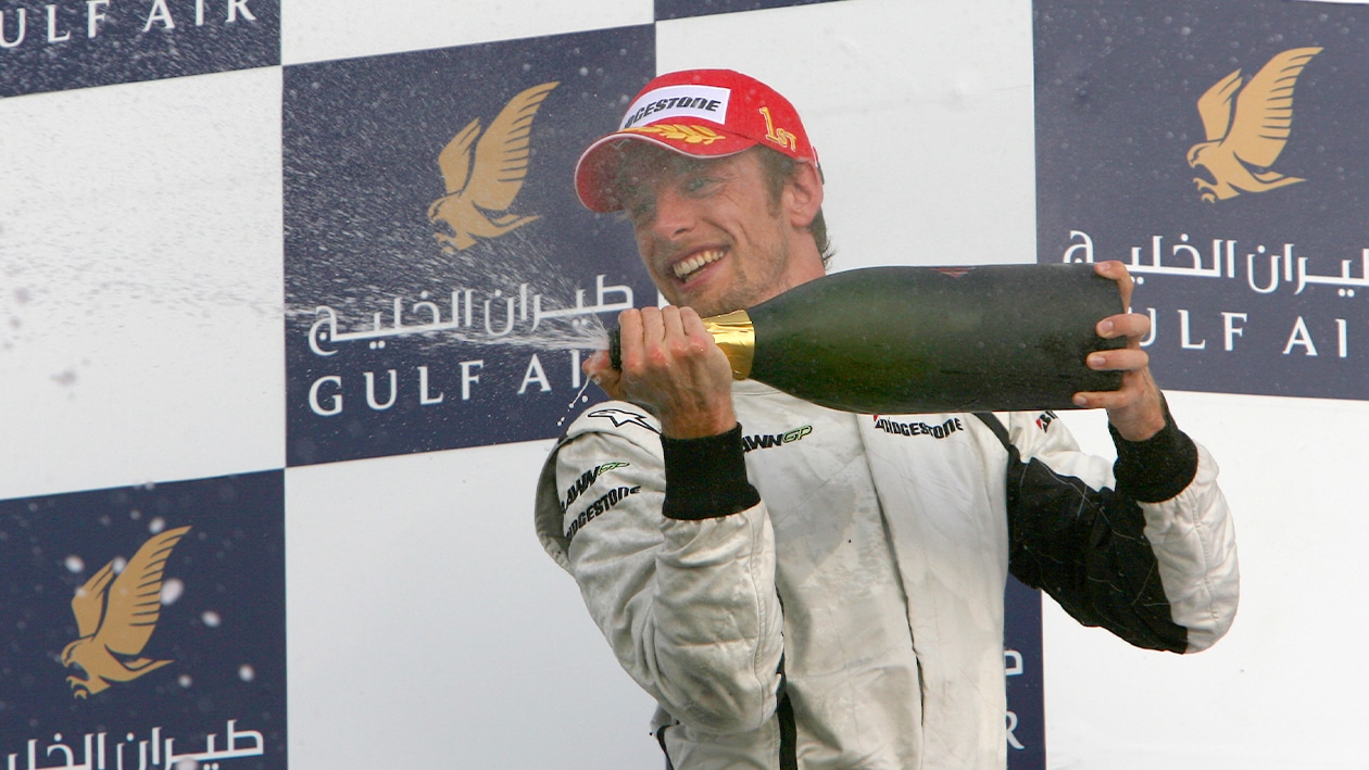 Jenson Button sprays champagne in 2009