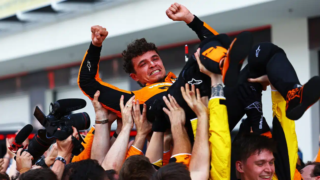 Lando Norris carried by McLaren team after winning 2024 F1 Miami Grand Prix