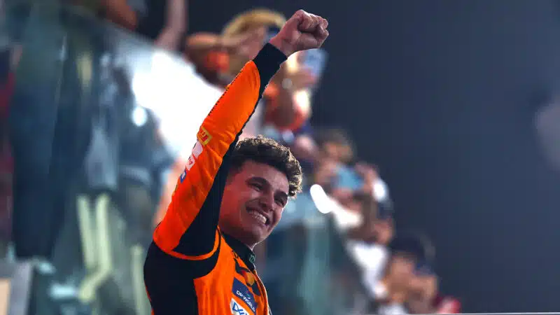 Lando Norris punches the air after winning the 2024 F1 Abu Dhabi Grand Prix