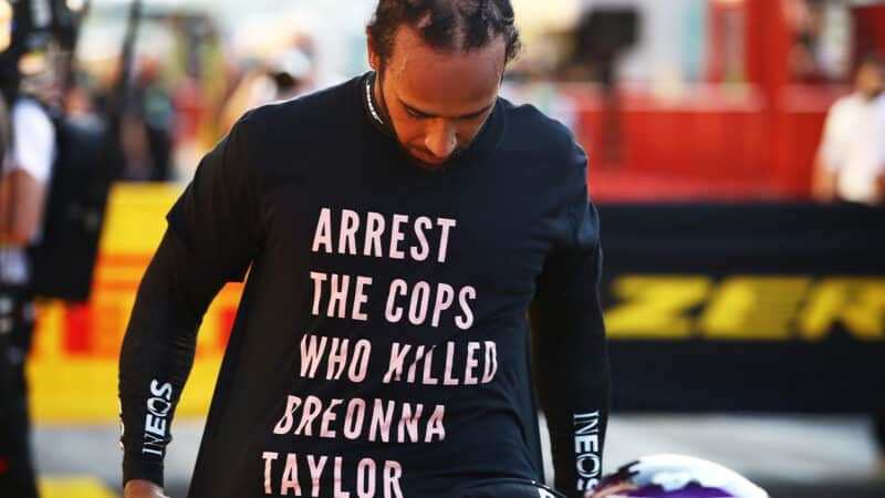 Lewis Hamilton in a t-shirt calling for the arrest of the cops who killed Breonna Taylor at the 2020 F1 Tuscan Grand Prix