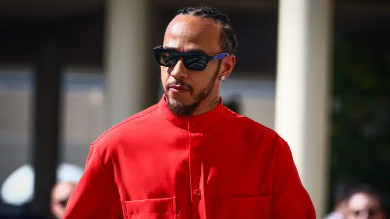 Lewis Hamilton in red shirt at 2024 F1 Abu Dhabi Grand Prix