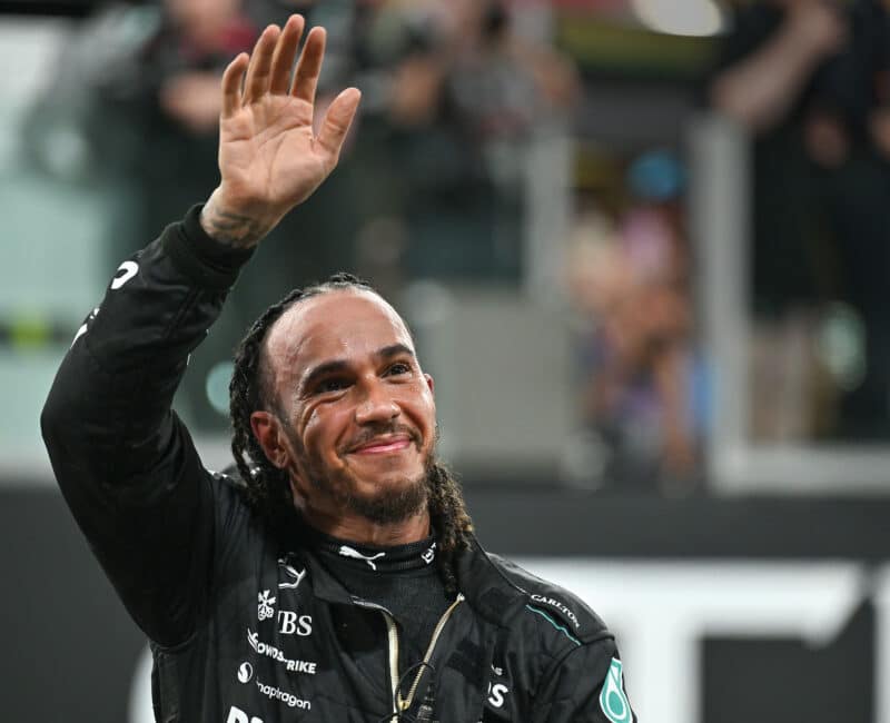 Lewis Hamilton waves to the crowd