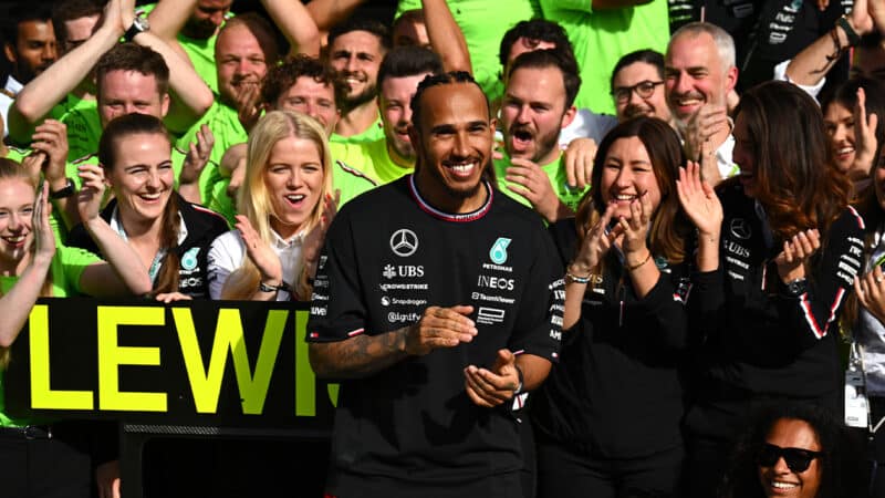 Lewis Hamilton with Mercedes F1 team after winning 2024 British Grand Prix