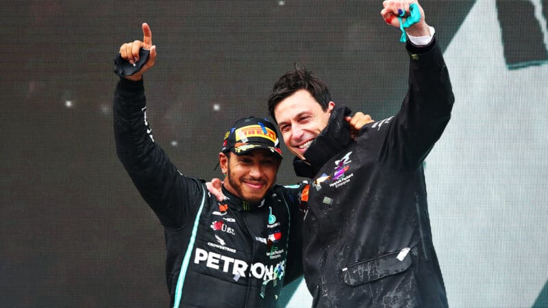 Lewis Hamilton with Toto Wolff after winning 2020 F1 world championship