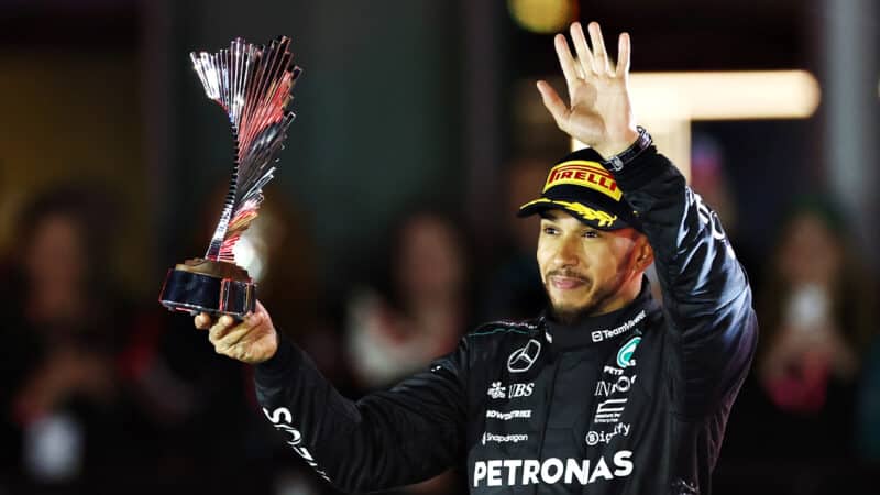 Lewis Hamilton with second place trophy from 2024 F1 Las Vegas Grand Prix