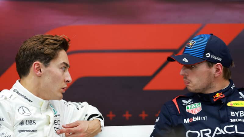 Max Verstappen grimaces at George Russell in 2024 F1 Qatar GP conference