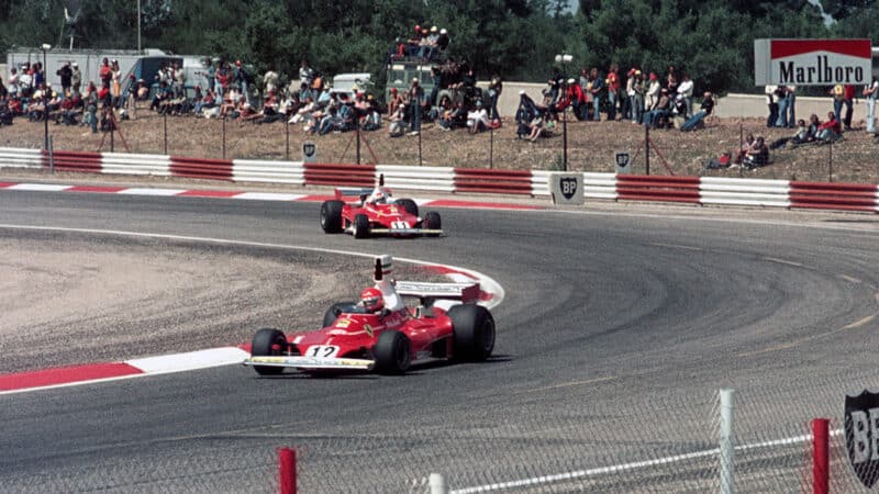 Niki Lauda leads Ferrari team-mate Clay Regazzoni in 1975 French Grand Prix