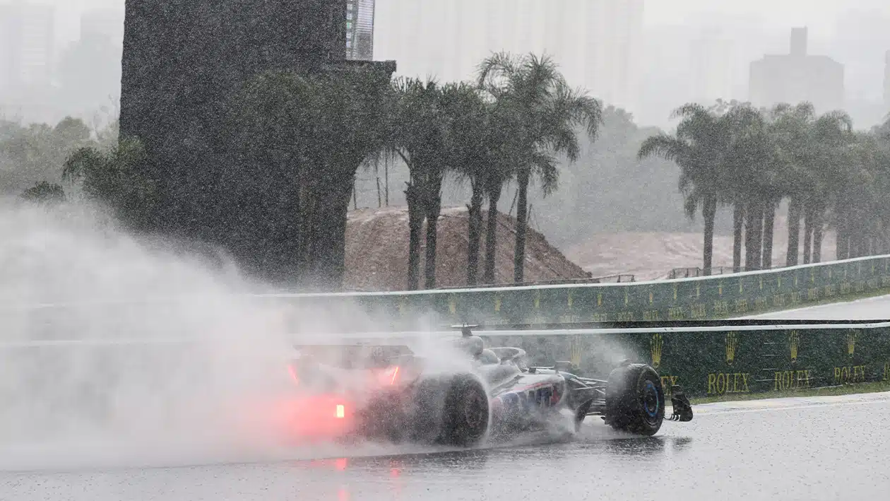 Pierre Gasly drives through standing ater in the rain at the 2024 F1 Sao Paulo Grand Prix