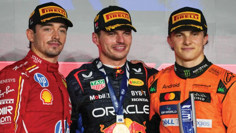 Qatar podium, with Max Verstappen, Charels Leclerc, Piastri