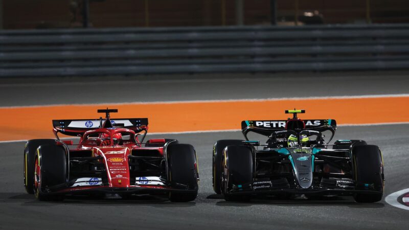 Charles Leclerc and Lewis Hamilton wheel-to-wheel in Qatar