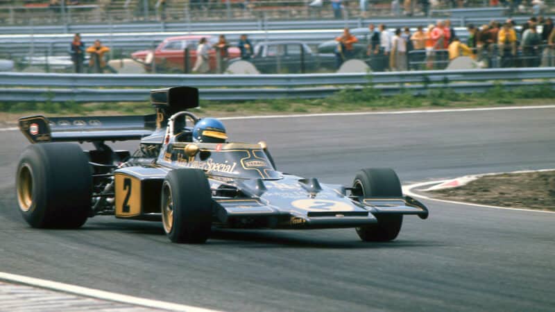 F1 Lotus of Ronnie Peterson cornering with opposite lock