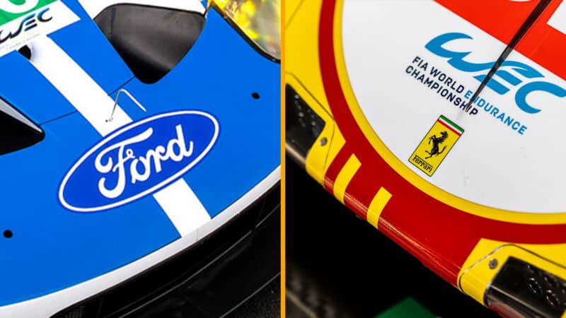 Ford and Ferrari badges on Le Mans racing cars