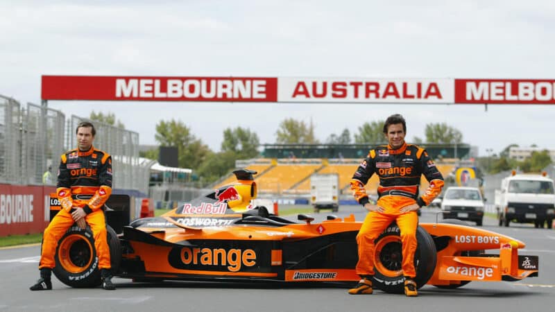 Heinz Harald Frentzen and Enrique Bernoldi with Arrows F1 car ahead of 2002 F1 Australian Grand Prix